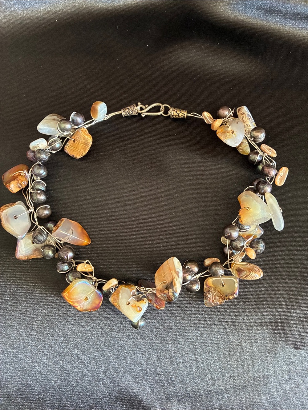 Amber Shell and Dark Pearl Cluster Necklace